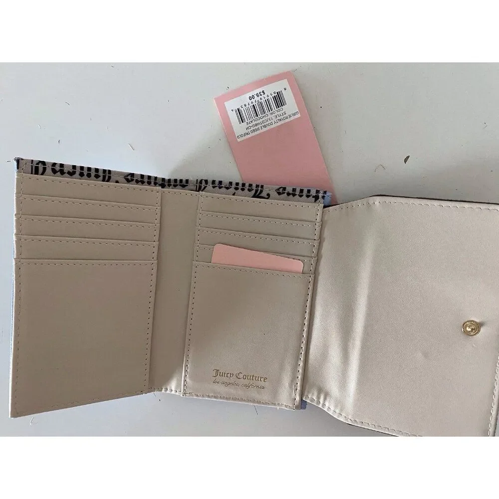 JUICY COUTURE GIRLIE ROYALTY Double Sided Trifold Wallet‎ Chocolate Blue NEW